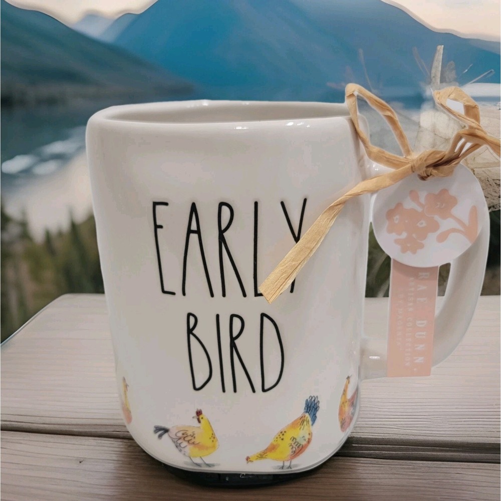NEW! Rae‎ Dunn "Early Bird" Coffee Tea Mug Cup Ceramic With Chickens All Around